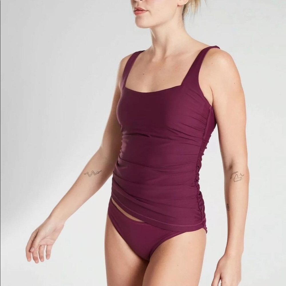 Athleta Plum Ruched Tankini Top and Bikini Bottom Set